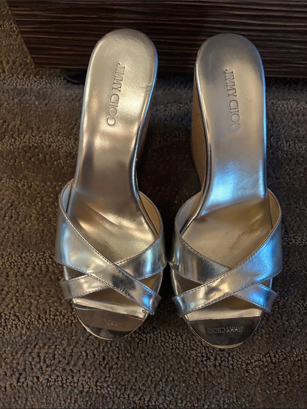 Jimmy Choo Silver Metallic Crisscross Wedge Mules